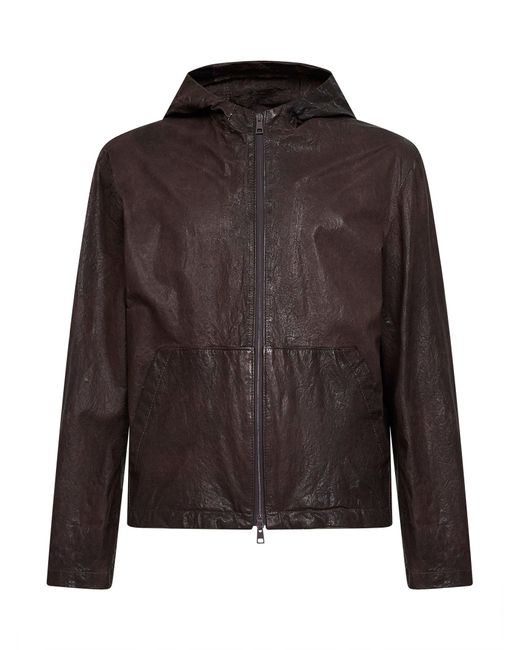 Salvatore Santoro Brown Coffee Crinkled Leather Hooded Jacket for men