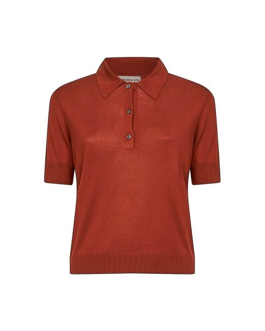 Blanca Vita Red Silk Knit Short-Sleeved Polo Shirt