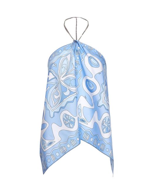 Emilio Pucci Blue Pale Angoli-Print Silk Twill Chain Top<Br