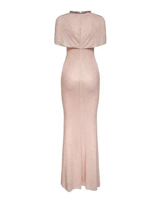 Self-Portrait Pink Champagne Rhinestone Stretch Tulle Maxi Dress