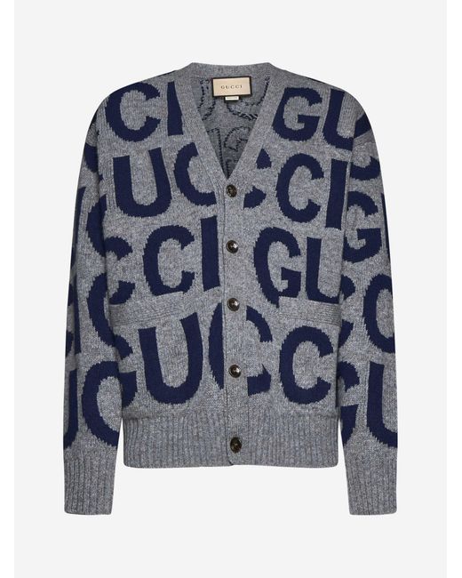 Gucci Blue Logo Motif Wool Cardigan for men