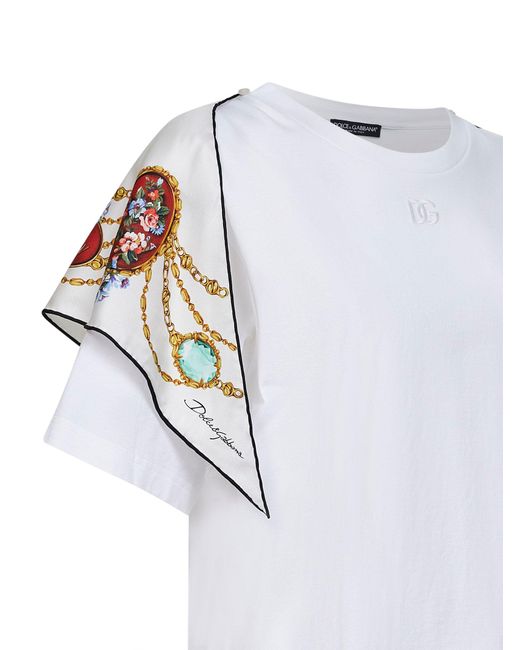 Dolce & Gabbana White Jersey T-Shirt With Printed Silk Scarf