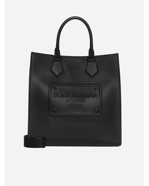 Dolce & Gabbana Black Logo-plaque Leather Tote Bag for men