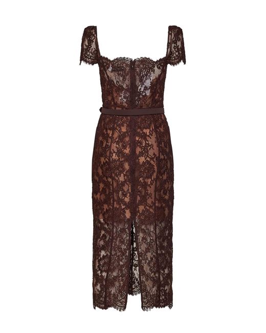 Self-Portrait Brown Floral Lace Belted Midi Dress