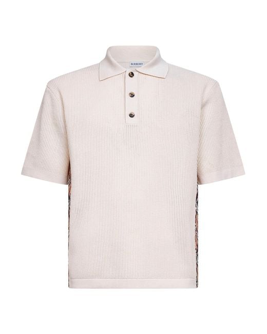 Burberry White Cotton Mesh Polo Shirt With Check Trims for men