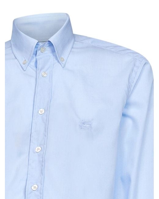 Etro Blue Cotton Button-Down Logo Shirt for men