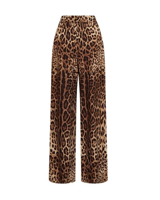 Dolce & Gabbana Brown Dolce & Gabbana Leo-Print Stretch Silk Wide-Leg Trousers
