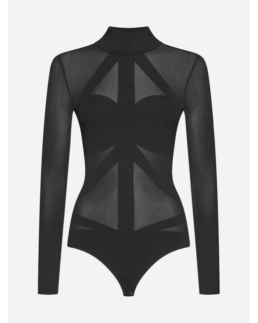 Wolford Maia Jersey And Tulle Bodysuit in Black