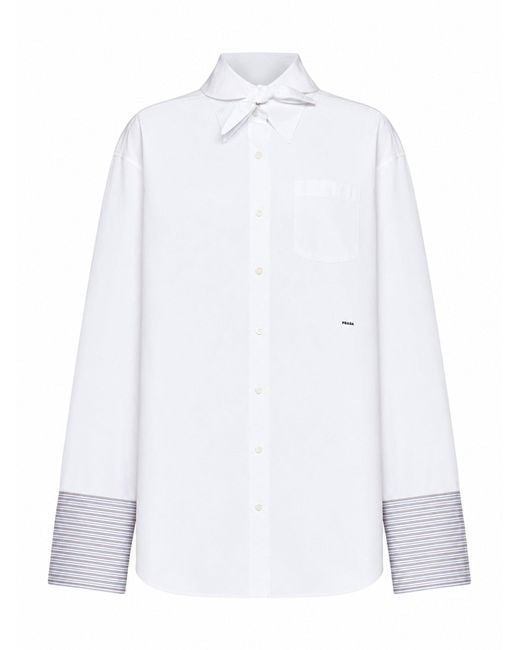 Prada Abbigliamento White Poplin Oversized Shirt With Striped Cuffs