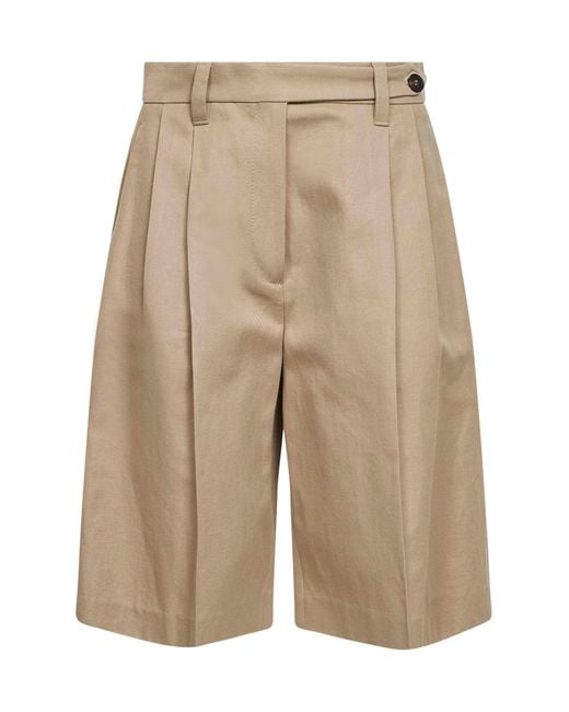 Brunello Cucinelli Natural Cotton And Linen Gabardine Sartorial Bermuda Shorts With Monili
