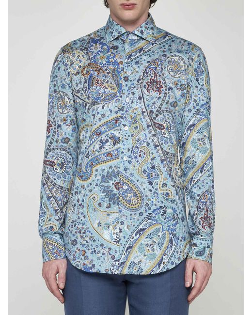 Etro Blue Paisley Print Cotton Shirt for men