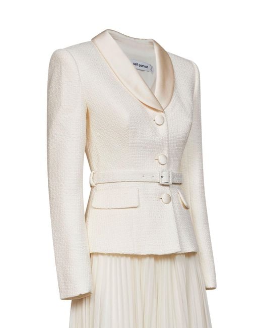 Self-Portrait White Self Portrait Cream Georgette And Bouclé Belted Midi Dress