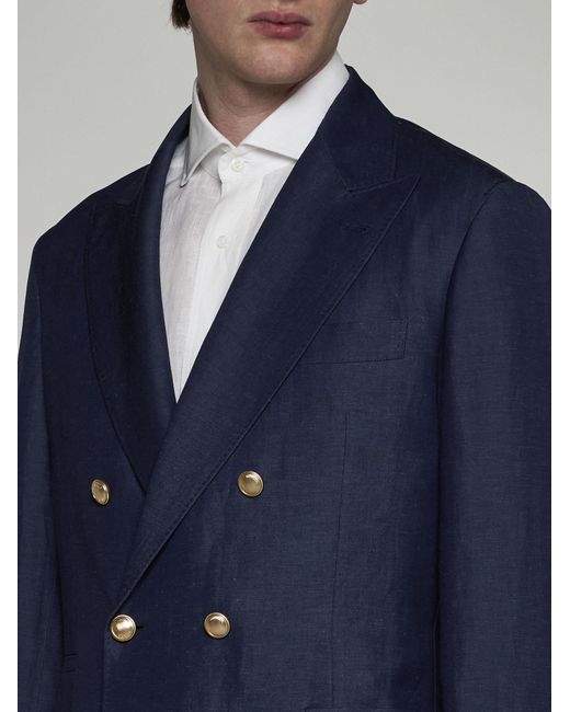 Brunello Cucinelli Blue Wool And Linen Double-breasted Blazer for men