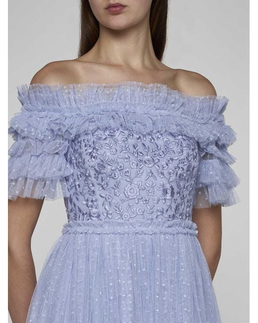 Needle & Thread Blue Midsummer Lace And Tulle Off-shoulder Ankle Gown