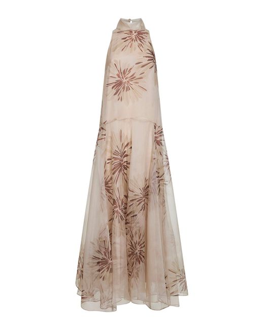 Brunello Cucinelli Natural Silk Bloom Print Organza Dress With Monili
