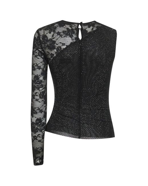 Self-Portrait Black Rhinestone Mesh And Lace Top