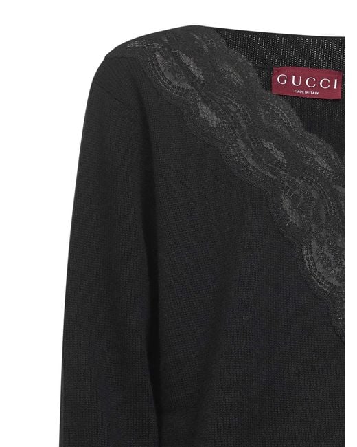 Gucci Black Wool And Cashmere Knit Sweater With Lace
