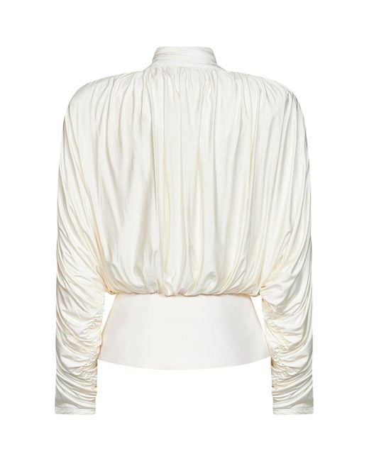 Self-Portrait White Cream Jersey Gathered Tie Neck Top