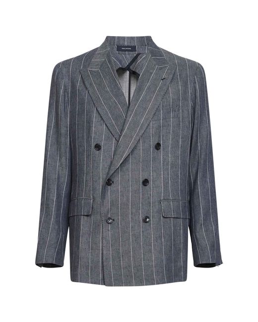 Tagliatore Blue Pinstriped Linen Blend New York Double-Breasted Blazer for men