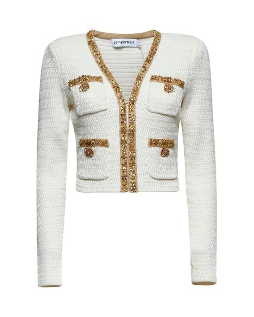 Self-Portrait White Cream Knit Lurex Trim Cardigan