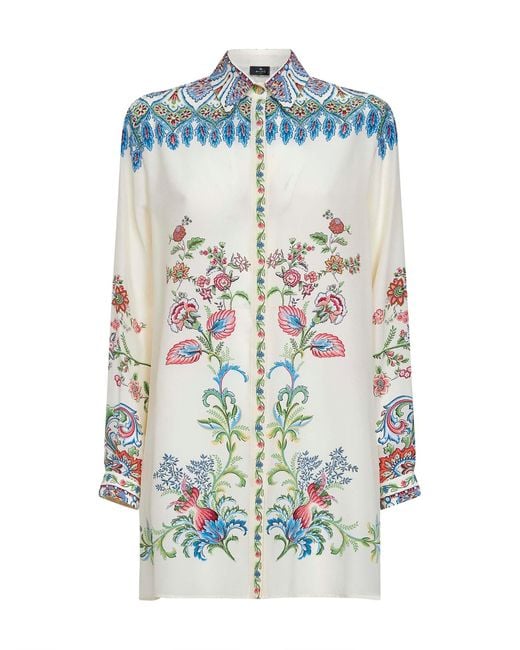 Etro Blue Cream Floral-Printed Silk Long Shirt