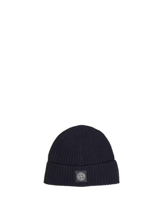 Stone Island Blue Ribbed Rws Geelong Wool Knit Beanie for men