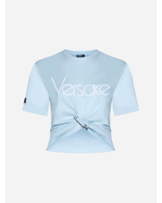 Versace Blue Logo Cotton Cropped T-shirt