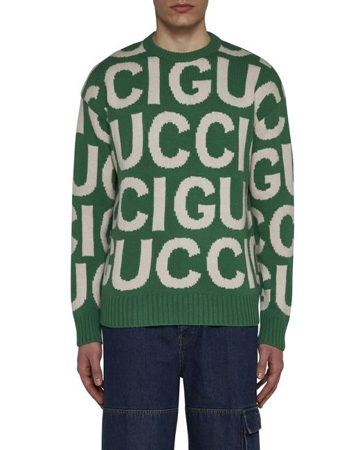 Gucci Green Logo Motif Wool Sweater for men