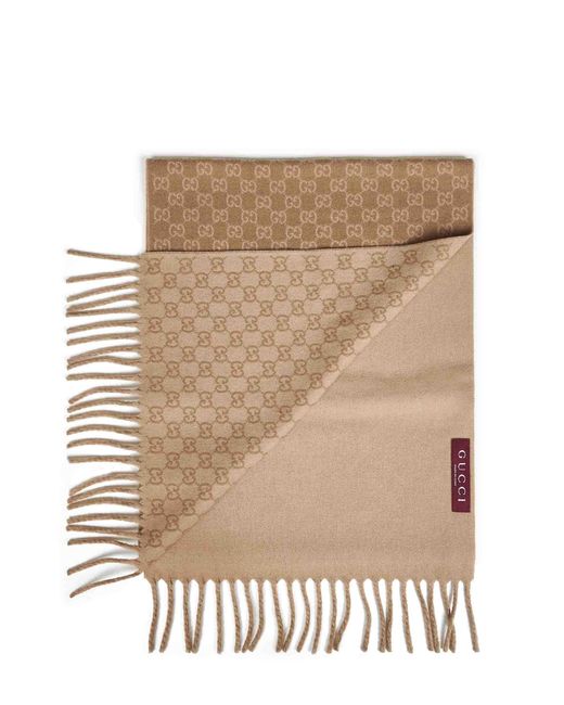 Gucci Natural Camel And Gg Wool And Cashmere Scarf for men