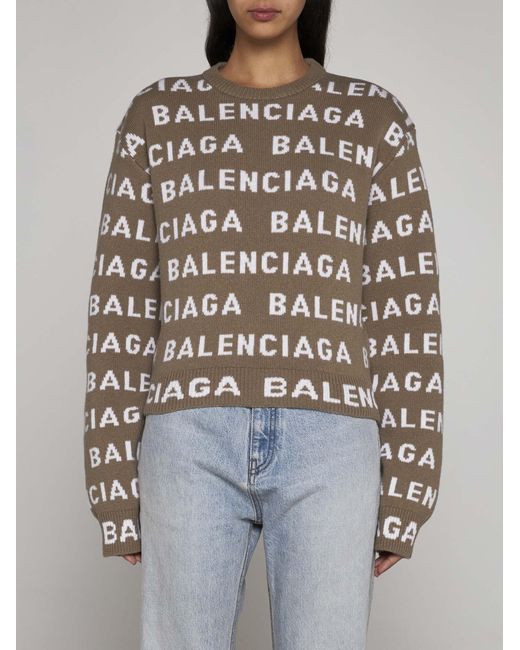 Balenciaga Brown Allover Logo Wool Cropped Sweater