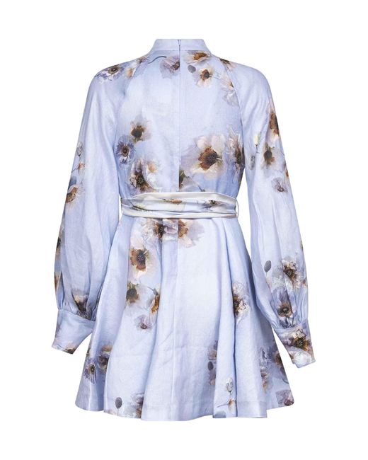 Zimmermann Blue Lilac Poppy Print Linen Hypnotic Mini Dress
