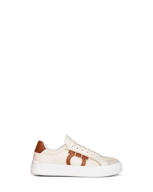 Ferragamo Natural Sand And Mascarpone Cream Calf Leather Gancini Sneakers for men