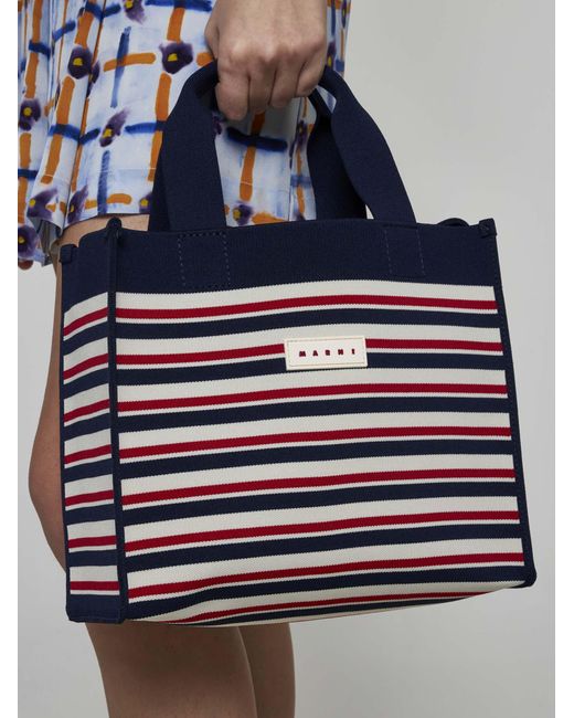 Marni White Striped Canvas Small Shopping Bag