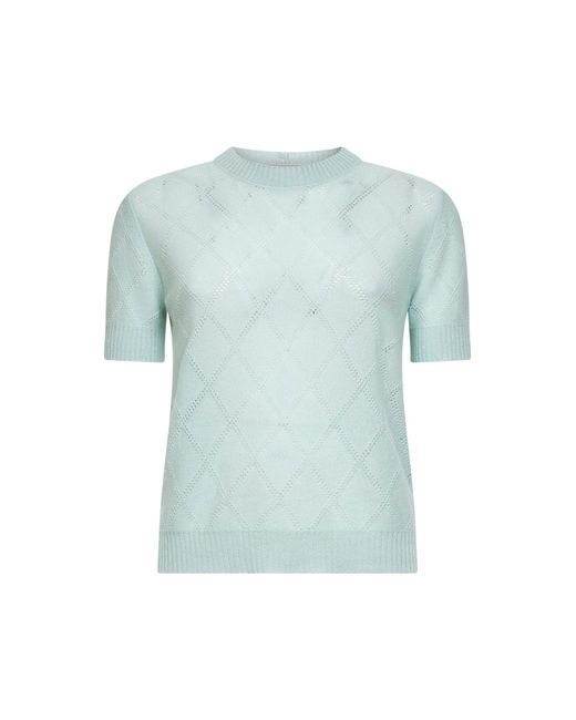 Blanca Vita Blue Openwork Diamond-Stitch Knit Cashmere Button-Up Sweater
