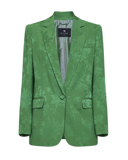 Etro Green Floral Jacquard Viscose Blend Single-Breasted Jacket