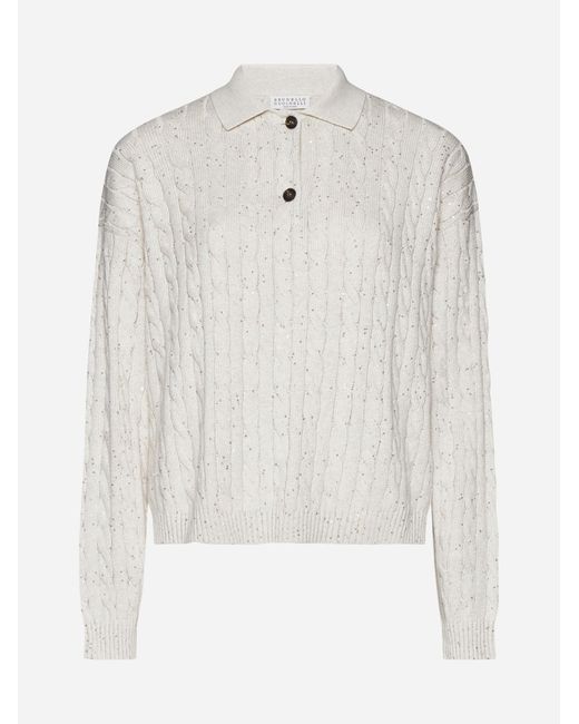 Brunello Cucinelli White Sequined Cable-knit Cotton Sweater