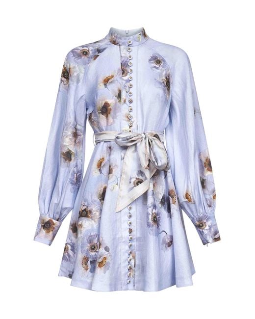 Zimmermann Blue Lilac Poppy Print Linen Hypnotic Mini Dress