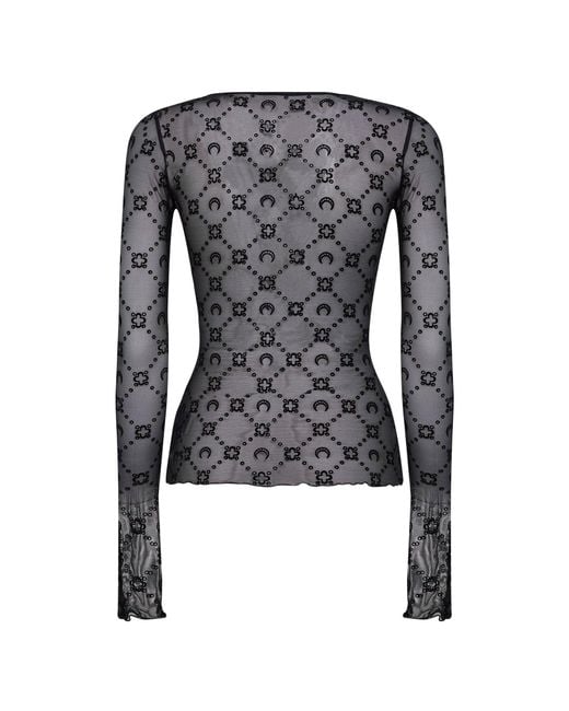 MARINE SERRE Black Monogram Mesh Long-Sleeved Top