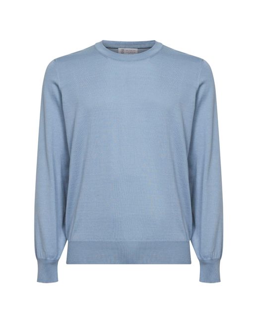 Brunello Cucinelli Blue Slate Cotton Knit Lightweight Crewneck Sweater for men