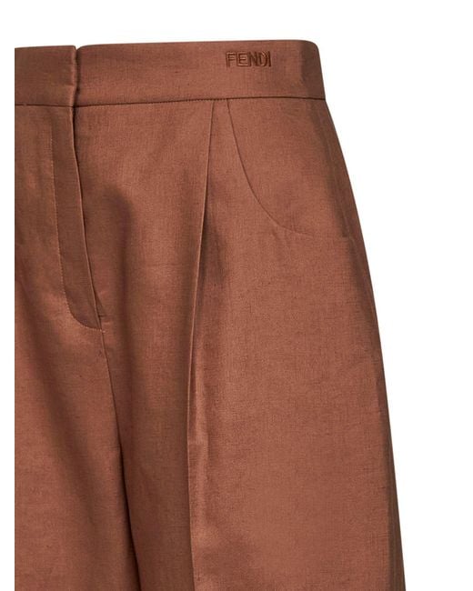 Fendi Brown Trousers High-Rise Linen-Cotton