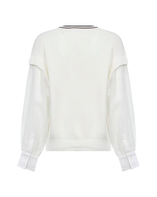 Brunello Cucinelli White Ribbed Cotton Knit Sweater With Organza Sleeves