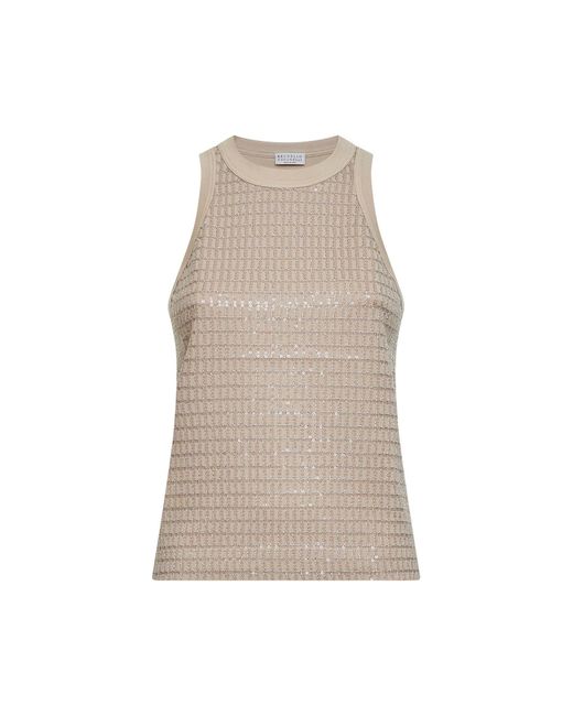 Brunello Cucinelli Natural Dazzling Check Embroidery Top