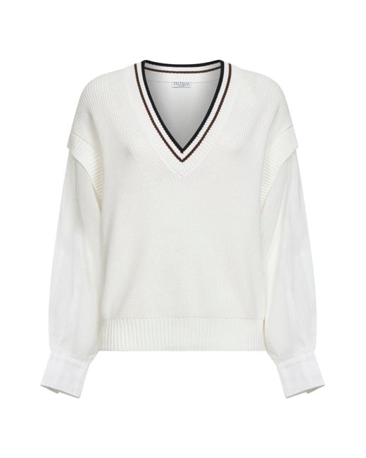 Brunello Cucinelli White Ribbed Cotton Knit Sweater With Organza Sleeves