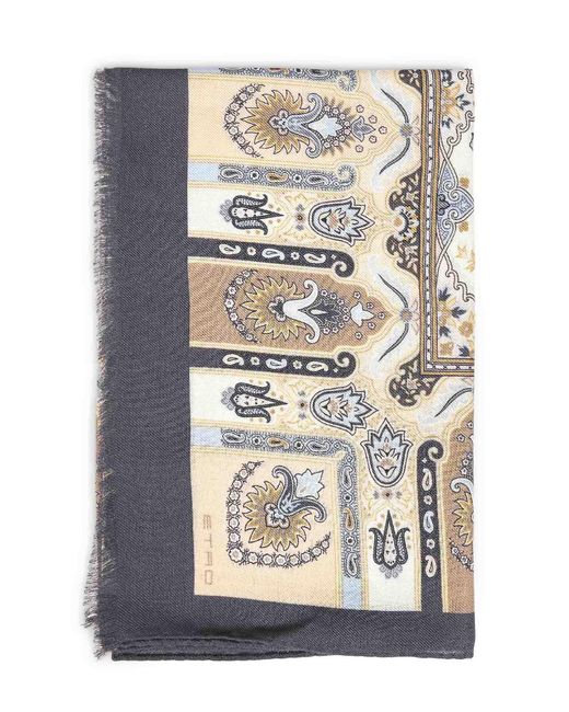 Etro Gray Cream Wool And Silk Scarf With Floral Paisley Pattern