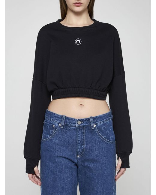 MARINE SERRE Black Logo Cotton Cropped Sweatshirt
