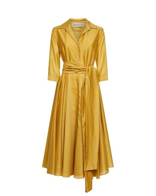 Blanca Vita Yellow Oil Voile Alaky Midi Dress