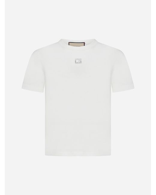 Gucci White Rhinestoned Logo Cotton T-shirt