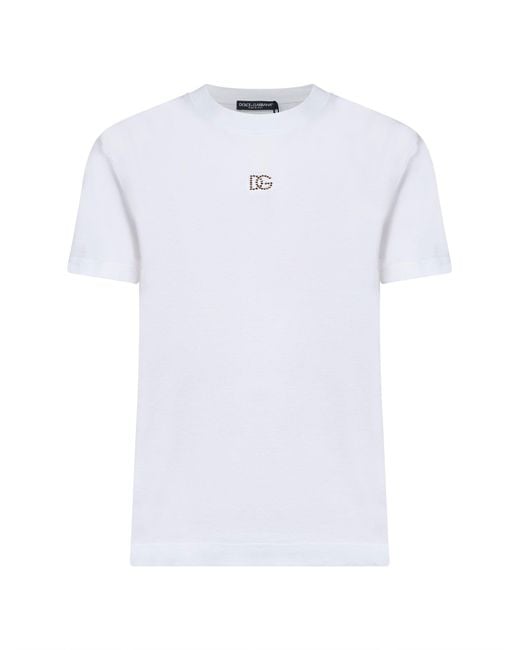 Dolce & Gabbana White Jersey Rhinestone Logo T-Shirt