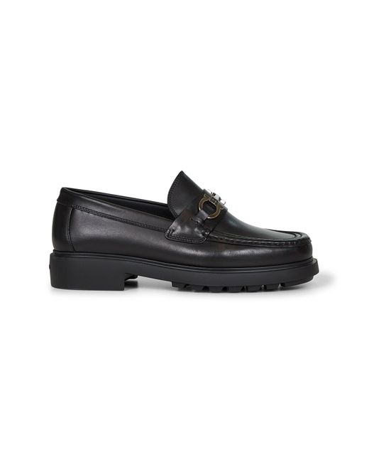 Ferragamo Black Leather Loafers With Gancini Ornament for men