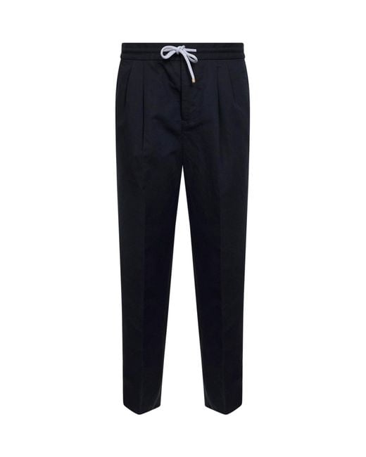 Brunello Cucinelli Blue Linen And Cotton Drill Leisure Fit Trousers for men